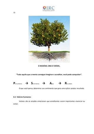 13
O INVISÍVEL CRIA O VISÍVEL.
“Tudo aquilo que a mente consegue imaginar e acreditar, você pode conquistar”.
Pensamento → Sentimento → Ação → Resultado
O que você pensa, determina seu sentimento que gera uma ação e produz resultado.
6.1- Valores humanos:
Valores são os estados emocionais que acreditamos serem importantes vivenciar ou
evitar.
 