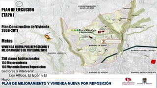 PLAN DE EJECUCION
ETAPA I

Plan Constructivo de Vivienda
2008-2011

Metas
VIVIENDA NUEVA POR REPOSICIÓN Y
MEJORAMIENTO DE VIVIENDA 2010

250 planes habitacionales
150 Mejoramiento
100 Vivienda Nueva Reposición
Sectores a intervenir:
     Los Alticos, El Edén y El
Hoyo
PLAN DE MEJORAMIENTO Y VIVIENDA NUEVA POR REPOSICIÓN
 