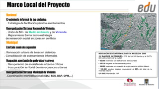 Marco Local del Proyecto
 Nacional
 Crecimiento informal de las ciudades:
 . Estrategia de facilitación para los asentamientos

 Reorganización Sistema Nacional de Vivienda:
 . Unión de Min. de Medio Ambiente y de Vivienda
 . Mejoramiento Barrial como estrategia
 de reinserción social en zonas en conflicto
 Municipal
 Limitado suelo de expansión
. Renovación urbana de áreas en deterioro                    INDICADORES DE INFORMALIDAD EN MEDELLIN 2006
. Consolidación de asentamientos informales                  52 BARRIOS INFORMALES, 21% de los 249 barrios y al 8.47%
                                                             del suelo urbano de la ciudad
 Ocupación acentuada de quebradas y cerros                    50.000 viviendas con deficiencias estructurales
                                                              38.539 hogares en hacinamiento crítico
 . Recuperación de ecosistemas urbanos críticos
                                                              34.000 viviendas sin conexión a ningún servicio público básico
 . Incorporación territorial de micro-cuencas urbanas         109.561 predios ilegales, equivalente al 25% del total de la
                                                             vivienda urbana
 Reorganización Sistema Municipal de Vivienda                25.000 viviendas en ZAR
 .Coordinación Interinstitucional (EDU, SDS, DAP, OPM,...)
 