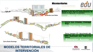 Microterritorios

                                                                                  Quebradas Arenera, Gallinaza, San Antonio,
  Calle 107                                                                       Bolillala, Caño Nuevos Conquistadores, El
                                                                                  Salado, El Aguacate, La Quintana
                                                         Quebrada Juan Bobo
                                                             Quebrada Juan Bobo
                                                                                         Piloto: Quebradas
              Calle 108
                                                                                      Cerro (La Cresta), Pedregal
                                                                                      Bajo
                                                                                            Réplica: Tope
                                       Quebrada La Herrera



                                                                                      Cerro (carrera 37), Nororiental alta
                                                                                      (carrera 23), La Divisa (carrera
                                                                                      99E), Quebradas Ana Díaz y La
                                                                                      Iguaná
                          Carrera 37                                                   Extensión: Acceso
Cerro Santo Domingo



MODELOS TERRITORIALES DE
     INTERVENCIÓN
 