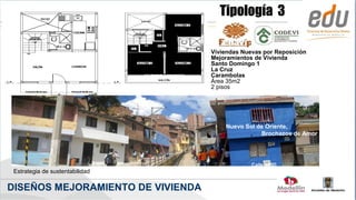 Tipología 3

                                   Viviendas Nuevas por Reposición
                                   Mejoramientos de Vivienda
                                   Santo Domingo 1
                                   La Cruz
                                   Carambolas
                                   Área 35m2
                                   2 pisos




                                       Nuevo Sol de Oriente,
                                                  Brochazos de Amor




                                                Calle 105D
 Estrategia de sustentabilidad

DISEÑOS MEJORAMIENTO DE VIVIENDA
 