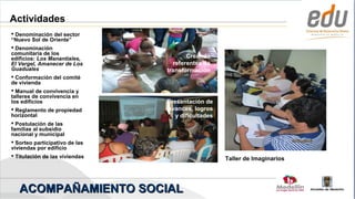 Actividades
 Denominación del sector
“Nuevo Sol de Oriente”
 Denominación
comunitaria de los
edificios: Los Manantiales,            Creando
El Vergel, Amanecer de Los        referentes de
Guaduales                       transformación
 Conformación del comité
de vivienda
 Manual de convivencia y
talleres de convivencia en
los edificios                   Presentación de
 Reglamento de propiedad       avances, logros
horizontal                         y dificultades
 Postulación de las
familias al subsidio
nacional y municipal
 Sorteo participativo de las
viviendas por edificio
 Titulación de las viviendas
                                                    Taller de Imaginarios




   ACOMPAÑAMIENTO SOCIAL                                                    Alcaldía de Medellín
 