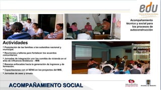 Acompañamiento
                                                              técnico y social para
                                                                   los procesos de
                                                                 autoconstrucción




Actividades                                                       Presentación
 Postulación de las familias a los subsidios nacional y           de avances,
municipal.
                                                                       logros y
    Logros/Avances
 Reuniones y talleres para fortalecer los acuerdos
comunitarios.                                                      dificultades
    Postulación de las familias a los
 Jornadas de integración con los comités de vivienda en el
área de influencia Andalucía – y
    subsidios nacionales MIB
    municipales
 Bazares enfocados hacia la generación de ingresos y de
formación.
 Capacitaciones con el SENA en los proyectos del MIB.
 Jornadas de aseo y ornato.




     ACOMPAÑAMIENTO SOCIAL                                        Alcaldía de Medellín
 