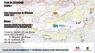 PLAN DE EJECUCION
 ETAPA I

 Plan Constructivo de Vivienda
 2008-2011

 Metas
 VIVIENDA NUEVA POR REPOSICIÓN Y
 MEJORAMIENTO DE VIVIENDA 2010

 Proyecto: Carrera 37, Las Brisas
 Sectores a intervenir:
      El Carmelo, Las Brisas
 No. de viviendas: 300
 No. de manzanas: 16


PLAN DE MEJORAMIENTO Y VIVIENDA NUEVA POR REPOSICIÓN
 