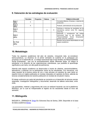 UNIVERSIDAD DISTRITAL “FRANCISCO JOSÉ DE CALDAS”


9. Valoración de las estrategias de evaluación

                   Parciales    Proyectos    Talleres    Lab.                TEMAS A EVALUAR
  Nota 1                                                        Conceptos Básicos, Empresa y sistemas de
                          X
  (20%)                                                         producción
  Nota 2                  X                                     Producto, administración de la producción
  (20%)
                                                                Prácticas e informes de resultados de los
  Nota 3
                                                 X         X    laboratorios (primer corte 5%; segundo
  (10%)                                                         corte 5%).
                                                                Desarrollo y socialización del trabajo
  Nota 4                                                        transversal bajo el eje temático de
  (20%)                                                         “Responsabilidad     Social     Empresarial”
                                                                (primer corte 5% - avance)
                                                                Revisión de los temas desarrollados en este
  Ex. Final                                                     espacio académico
                          X
  (30%)




10. Metodología

Todos los espacios académicos del plan de estudios, incluyendo éste, se consideran
teórico-prácticos. La dinámica en el primer semestre se sustenta en la pedagogía por
proyectos con el desarrollo de un trabajo transversal bajo el eje temático de Responsabilidad
Social Empresarial, que con el acompañamiento desde diferentes áreas, se integra al
estudiante a la dinámica de las organizaciones colombianas, que posibilita el aprendizaje
significativo y por tanto, con alto grado de pertinencia.

Además este espacio académico se desenvuelve a través de cátedras, seminarios/talleres,
laboratorios y prácticas con la participación activa de los estudiantes. Con frecuencia, una
clase requiere de la lectura previa de uno o más artículos y/o estudios de caso (tanto en
español como en inglés) publicados en revistas indexadas y/o capítulos de libros, además de
lecturas complementarias de reciente publicación en revistas de circulación masiva.

El trabajo autónomo por parte del estudiante se concentra en el desarrollo de lecturas previas
asignadas, investigación bibliográfica y documental, desarrollo de talleres extra-clase, entre
otras.

Las actividades, material y seguimiento del curso se realizará haciendo uso de la plataforma
MOODLE, por lo cual es indispensable el registro de los estudiantes desde el inicio del
semestre.


11. Bibliografía

BAGUER A., ZÁRRAGA M. Dirige Ed. Ediciones Díaz de Santos, 2004. Disponible en la base
de datos académica Ebrary


                                                                                                  5
 TECNOLOGÍA INDUSTRIAL – INGENIERÍA DE PRODUCCION POR CICLOS
 