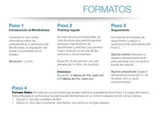 FORMATOS
Paso 1
Introducción al Mindfulness
Consiste en una charla
informativa sobre las
características y beneficios del
Mindfulness, la regulación del
estrés y la ansiedad en el
trabajo.
Duración: 1 o 2hs.
Paso 2
Training regular
Se trata de una actividad/taller de
más duración que permita generar
procesos significativos de
aprendizaje y práctica, que generen
mayor impacto en la vida de las
personas y de la empresa.
Duración: 8 encuentros, uno por
semana de 1h 45m. de duración.
Intensivo
Duración: 2 talleres de 4hs. cada uno
o 4 talleres de 2hs. cada uno.
Paso 3
Seguimiento
Se trata de actividades de
seguimiento y apoyo a
quienes ya han participado del
Paso 2.
Opción online: Generar un
espacio semanal/quincenal
para practicar con una guía a
través de internet.
Opción presencial: Espacio
semanal/quincenal de 1h. de
duración con un guía
experimentado.
Paso 4
Formato Retiro: Se trata de una actividad que puede realizarse parelalemente al Paso 3 o luego del mismo.
Está enfocada en profundizar la práctica del Mindfulness en un entorno alejado de las rutinas diarias.
• Opción1: Una día completo de 8hs.
• Opción 2: Dos días completos, durmiendo una noche en el lugar elegido.
 
