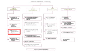 SISTEMA DE GESTION DE LA INOCUIDAD
PLAN DE
SANEAMIENTO
09 Plan de Muestreo
OTROS
PRERREQUISITOS
02 Programa de
limpieza y
desinfección
03 Programa de
manejo integrado
de plagas
04 Programa de
desechos sólidos
y líquidos
05 Programa de capacitación y
entrenamiento en BPM y
HACCP
01 Programa de
abastecimiento de
agua
10 Identificación y trazabilidad de
productos terminados
06 Programa de mantenimiento
preventivo de áreas,
instalaciones y equipos
08 Programa de control de
proveedores y materias primas
07 Programa de calibración de
equipos e instrumentos de
medición
OTROS
PRERREQUISITOS
13. Atención de quejas y
reclamos y
recolección de
productos
11. Buenas Prácticas
de Fabricación
PLANES HACCP
15. Planos de
distribución
17. Análisis de peligros
12 Control del estado
de salud y Hábitos
Higiénicos
18. Estrategias de control
19. Verificación y
auditorias
Control de documentos y registro
16. Ficha técnica de
producto, diagrama de
flujo y descriptivo
14. Salud Ocupacional
 