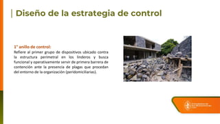 1° anillo de control:
Refiere al primer grupo de dispositivos ubicado contra
la estructura perimetral en los linderos y busca
funcional y operativamente servir de primera barrera de
contención ante la presencia de plagas que procedan
del entorno de la organización (peridomiciliarias).
 