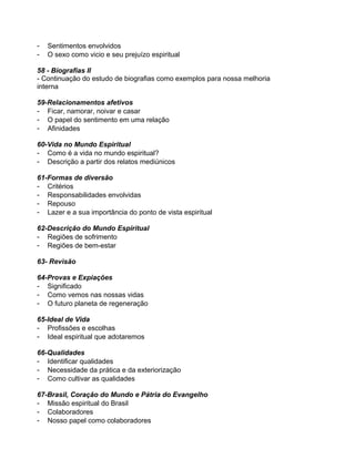 -

Sentimentos envolvidos
O sexo como vicio e seu prejuízo espiritual

58 - Biografias II
- Continuação do estudo de biografias como exemplos para nossa melhoria
interna
59-Relacionamentos afetivos
- Ficar, namorar, noivar e casar
- O papel do sentimento em uma relação
- Afinidades
60-Vida no Mundo Espiritual
- Como é a vida no mundo espiritual?
- Descrição a partir dos relatos mediúnicos
61-Formas de diversão
- Critérios
- Responsabilidades envolvidas
- Repouso
- Lazer e a sua importância do ponto de vista espiritual
62-Descrição do Mundo Espiritual
- Regiões de sofrimento
- Regiões de bem-estar
63- Revisão
64-Provas e Expiações
- Significado
- Como vemos nas nossas vidas
- O futuro planeta de regeneração
65-Ideal de Vida
- Profissões e escolhas
- Ideal espiritual que adotaremos
66-Qualidades
- Identificar qualidades
- Necessidade da prática e da exteriorização
- Como cultivar as qualidades
67-Brasil, Coração do Mundo e Pátria do Evangelho
- Missão espiritual do Brasil
- Colaboradores
- Nosso papel como colaboradores

 