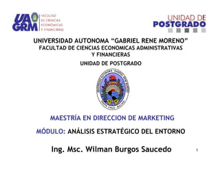 UNIVERSIDAD AUTONOMA “GABRIEL RENE MORENO”
 FACULTAD DE CIENCIAS ECONOMICAS ADMINISTRATIVAS
                  Y FINANCIERAS
              UNIDAD DE POSTGRADO




   JMAESTRÍA   EN DIRECCION DE MARKETING

MÓDULO: ANÁLISIS ESTRATÉGICO DEL ENTORNO

     Ing. Msc. Wilman Burgos Saucedo               1
 