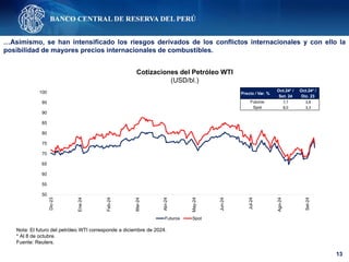 50
55
60
65
70
75
80
85
90
95
100
Dic-23
Ene-24
Feb-24
Mar-24
Abr-24
May-24
Jun-24
Jul-24
Ago-24
Set-24
Futuros Spot
Nota: El futuro del petróleo WTI corresponde a diciembre de 2024.
* Al 8 de octubre.
Fuente: Reuters.
Cotizaciones del Petróleo WTI
(USD/bl.)
13
…Asimismo, se han intensificado los riesgos derivados de los conflictos internacionales y con ello la
posibilidad de mayores precios internacionales de combustibles.
Precio / Var. %
Oct.24* /
Set. 24
Oct.24* /
Dic. 23
Futuros 7,7 3,8
Spot 8,0 3,3
 