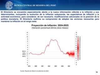 16
El Directorio se encuentra especialmente atento a la nueva información referida a la inflación y sus
determinantes, incluyendo la evolución de la inflación subyacente, las expectativas de inflación y la
actividad económica, para considerar, de ser necesario, modificaciones adicionales en la posición de la
política monetaria. El Directorio reafirma su compromiso de adoptar las acciones necesarias para
mantener la inflación en el rango meta.
Proyección de Inflación: 2024-2025
(Variación porcentual últimos doce meses)
Fuente: Reporte de Inflación de setiembre de 2024.
-3
-2
-1
0
1
2
3
4
5
6
7
8
9
10
11
12
-3
-2
-1
0
1
2
3
4
5
6
7
8
9
10
11
12
2019 2020 2021 2022 2023 2024 2025
Rango
meta de
inflación
Máximo
Mínimo
 