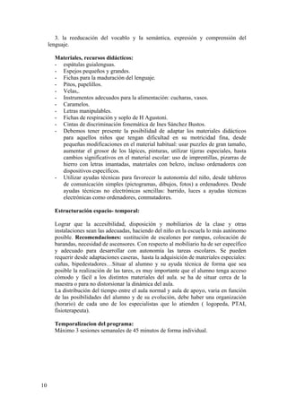 3. la reeducación del vocablo y la semántica, expresión y comprensión del
     lenguaje.

       Materiales, recursos didácticos:
       - espátulas guialenguas.
       - Espejos pequeños y grandes.
       - Fichas para la maduración del lenguaje.
       - Pitos, papelillos.
       - Velas,.
       - Instrumentos adecuados para la alimentación: cucharas, vasos.
       - Caramelos.
       - Letras manipulables.
       - Fichas de respiración y soplo de H Agustoni.
       - Cintas de discriminación fonemática de Ines Sánchez Bustos.
       - Debemos tener presente la posibilidad de adaptar los materiales didácticos
         para aquellos niños que tengan dificultad en su motricidad fina, desde
         pequeñas modificaciones en el material habitual: usar puzzles de gran tamaño,
         aumentar el grosor de los lápices, pinturas, utilizar tijeras especiales, hasta
         cambios significativos en el material escolar: uso de imprentillas, pizarras de
         hierro con letras imantadas, materiales con belcro, incluso ordenadores con
         dispositivos específicos.
       - Utilizar ayudas técnicas para favorecer la autonomía del niño, desde tableros
         de comunicación simples (pictogramas, dibujos, fotos) a ordenadores. Desde
         ayudas técnicas no electrónicas sencillas: barrido, luces a ayudas técnicas
         electrónicas como ordenadores, conmutadores.

       Estructuración espacio- temporal:

       Lograr que la accesibilidad, disposición y mobiliarios de la clase y otras
       instalaciones sean las adecuadas, haciendo del niño en la escuela lo más autónomo
       posible. Recomendaciones: sustitución de escalones por rampas, colocación de
       barandas, necesidad de ascensores. Con respecto al mobiliario ha de ser específico
       y adecuado para desarrollar con autonomía las tareas escolares. Se pueden
       requerir desde adaptaciones caseras, hasta la adquisición de materiales especiales:
       cuñas, bipedestadores…Situar al alumno y su ayuda técnica de forma que sea
       posible la realización de las tares, es muy importante que el alumno tenga acceso
       cómodo y fácil a los distintos materiales del aula. se ha de situar cerca de la
       maestra o para no distorsionar la dinámica del aula.
       La distribución del tiempo entre el aula normal y aula de apoyo, varia en función
       de las posibilidades del alumno y de su evolución, debe haber una organización
       (horario) de cada uno de los especialistas que lo atienden ( logopeda, PTAI,
       fisioterapeuta).

       Temporalizacion del programa:
       Máximo 3 sesiones semanales de 45 minutos de forma individual.




10
 