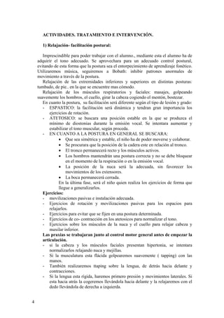 ACTIVIDADES. TRATAMIENTO E INTERVENCIÓN.

       1) Relajación- facilitación postural:

       Imprescindible para poder trabajar con el alumno., mediante esta el alumno ha de
    adquirir el tono adecuado. Se aprovechara para un adecuado control postural,
    evitando de esta forma que la postura sea el entorpecimiento de aprendizaje fonético.
    Utilizaremos música, seguiremos a Bobath: inhibir patrones anormales de
    movimiento a través de la postura.
       Relajación de las extremidades inferiores y superiores en distintas posturas:
    tumbado, de pie.. en la que se encuentre mas cómodo.
       Relajación de los músculos respiratorios y faciales: masajes, golpeando
    suavemente los hombros, el cuello, girar la cabeza cogiendo el mentón, bostezar.
       En cuanto la postura, su facilitación será diferente según el tipo de lesión y grado:
       - ESPASTICO: la facilitación será dinámica y tendran gran importancia los
           ejercicios de rotación.
       - ATETOSICO: se buscara una posición estable en la que se produzca el
           mínimo de diostonias durante la emisión vocal. Se intentara aumentar y
           estabilizar el tono muscular, según proceda.
       - EN CUANTO A LA POSTURA EN GENERAL SE BUSCARA:
                 • Que sea simétrica y estable, el niño ha de poder moverse y colaborar.
                 • Se procurara que la posición de la cadera este en relación al tronco.
                 • El tronco permanecerá recto y los músculos activos.
                 • Los hombros mantendrán una postura correcta y no se debe bloquear
                     en el momento de la respiración o en la emisión vocal.
                 • La posición de la nuca será la adecuada, sin favorecer los
                     movimientos de los extensores.
                 • La boca permanecerá cerrada.
                 En la última fase, será el niño quien realiza los ejercicios de forma que
                 llegue a generalizarlos.
       Ejercicios:
       - movilizaciones pasivas e instalación adecuada.
       - Ejercicios de rotación y movilizaciones pasivas para los espacios para
           relajarlos.
       - Ejercicios para evitar que se fijen en una postura determinada.
       - Ejercicios de co- contracción en los atetosicos para normalizar el tono.
       - Ejercicios sobre los músculos de la nuca y el cuello para relajar cabeza y
           maxilar inferior.
       Las praxias se trabajaran junto al control motor general antes de empezar la
       articulación.
       - si la cabeza y los músculos faciales presentan hipertonia, se intentara
           normalizarlos relajando nuca y mejillas.
       - Si la musculatura esta flácida golpearemos suavemente ( tapping) con las
           manos.
       - También realizaremos ttaping sobre la lengua, de detrás hacia delante y
           contracciones.
       - Si la lengua esta rígida, haremos primero presión y movimientos laterales. Si
           esta hacia atrás la cogeremos llevándola hacia delante y la relajaremos con el
           dedo llevándola de derecha a izquierda.


4
 