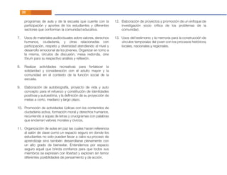 20
7.
8.
9.
10.
11.
programas de aula y de la escuela que cuente con la
participación y aportes de los estudiantes y diferentes
sectores que conforman la comunidad educativa.
Usos de materiales audiovisuales sobre valores, derechos
humanos, ciudadanía, y otras relacionadas con
participación, respeto y diversidad atendiendo al nivel y
desarrollo emocional de los jóvenes. Organizar en torno a
la misma, círculos de discusión, mesa redonda, cine
fórum para su respectivo análisis y reﬂexión.
Realizar actividades recreativas para fortalecer la
solidaridad y consideración con el adulto mayor y la
comunidad en el contexto de la función social de la
escuela.
Elaboración de autobiografía, proyecto de vida y auto
concepto para el refuerzo y constitución de identidades
positivas y autoestima, y la deﬁnición de su proyección de
metas a corto, mediano y largo plazo.
Promoción de actividades lúdicas con los contenidos de
ciudadanía activa, formación moral y derechos humanos,
recurriendo a sopas de letras y crucigramas con palabras
que encierran valores morales y cívicos.
Organización de aulas en paz las cuales hacen referencia
al salón de clase como un espacio seguro en donde los
estudiantes no solo pueden llevar a cabo su proceso de
aprendizaje sino también desarrollarse plenamente con
un alto grado de bienestar. Entendemos por espacio
seguro aquel que brinda conﬁanza para que todos sus
miembros se expresen con libertad y exploren sin temor
diferentes posibilidades de pensamiento y de acción.
12.
13.
Elaboración de proyectos y promoción de un enfoque de
investigación socio crítica de los problemas de la
comunidad.
Usos del testimonio y la memoria para la construcción de
vínculos temporales del joven con los procesos históricos
locales, nacionales y regionales.
 