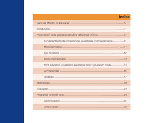 Índice
Carta del Ministro de Educación …………………………………………………...........5
Introducción…………………………………………………………………………... ......7
Presentación de la asignatura de Moral Urbanidad y Cívica………………… .............9
Fundamentación de competencias ciudadanas y formación moral…………...9
Marco normativo .........................………………………………………… ......11
Ejes temáticos ..............................................................………….......…........12
Enfoque pedagógico………………………………………………………...........13
Perﬁl educativo y ciudadano para tercer ciclo y educación media…………….14
Competencias ...............................................................................................15
Unidades .......................................................................................................17
Metodología……………………………………………………………………………......19
Evaluación…………………………………………………………………………….........21
Programas de tercer ciclo…………………………………………................................23
Séptimo grado…………………………………….............................................25
Octavo grado……………………………………...............................................33
 