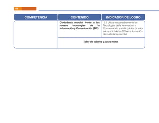 COMPETENCIA CONTENIDO INDICADOR DE LOGRO
Ciudadanía mundial frente a las
nuevas tecnologías de la
Información y Comunicación (TIC).
3.5 Utiliza responsablemente las
Tecnologías de la Información y
Comunicación y emite juicios de valor
sobre el rol de las TIC en la formación
de ciudadanía mundial.
Taller de valores y juicio moral
66
 