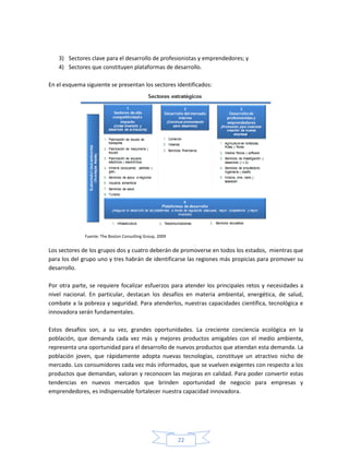 22
3) Sectores clave para el desarrollo de profesionistas y emprendedores; y
4) Sectores que constituyen plataformas de desarrollo.
En el esquema siguiente se presentan los sectores identificados:
Fuente: The Boston Consulting Group, 2009
Los sectores de los grupos dos y cuatro deberán de promoverse en todos los estados, mientras que
para los del grupo uno y tres habrán de identificarse las regiones más propicias para promover su
desarrollo.
Por otra parte, se requiere focalizar esfuerzos para atender los principales retos y necesidades a
nivel nacional. En particular, destacan los desafíos en materia ambiental, energética, de salud,
combate a la pobreza y seguridad. Para atenderlos, nuestras capacidades científica, tecnológica e
innovadora serán fundamentales.
Estos desafíos son, a su vez, grandes oportunidades. La creciente conciencia ecológica en la
población, que demanda cada vez más y mejores productos amigables con el medio ambiente,
representa una oportunidad para el desarrollo de nuevos productos que atiendan esta demanda. La
población joven, que rápidamente adopta nuevas tecnologías, constituye un atractivo nicho de
mercado. Los consumidores cada vez más informados, que se vuelven exigentes con respecto a los
productos que demandan, valoran y reconocen las mejoras en calidad. Para poder convertir estas
tendencias en nuevos mercados que brinden oportunidad de negocio para empresas y
emprendedores, es indispensable fortalecer nuestra capacidad innovadora.
 