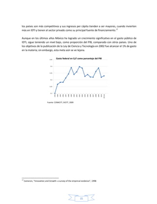 35
los países son más competitivos y sus ingresos per cápita tienden a ser mayores, cuando invierten
más en IDTI y tienen al sector privado como su principal fuente de financiamiento.17
Aunque en los últimos años México ha logrado un crecimiento significativo en el gasto público de
IDTI, sigue teniendo un nivel bajo, como proporción del PIB, comparado con otros países. Uno de
los objetivos de la publicación de la Ley de Ciencia y Tecnología en 2002 fue alcanzar el 1% de gasto
en la materia; sin embargo, esta meta aún se ve lejana.
Fuente: CONACYT, SIICYT, 2009
17
Cameron, “Innovation and Growth: a survey of the empirical evidence”, 1998
 