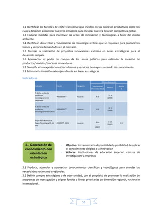 55
1.2 Identificar los factores de corte transversal que inciden en los procesos productivos sobre los
cuales debemos encaminar nuestros esfuerzos para mejorar nuestra posición competitiva global.
1.3 Elaborar medidas para incentivar las áreas de innovación y tecnológicas a favor del medio
ambiente.
1.4 Identificar, desarrollar y comercializar las tecnologías críticas que se requieren para producir los
bienes y servicios demandados en el mercado.
1.5 Premiar la realización de proyectos innovadores exitosos en áreas estratégicas para el
desarrollo del país.
1.6 Aprovechar el poder de compra de los entes públicos para estimular la creación de
productos/servicios/procesos innovadores.
1.7 Diversificar las exportaciones hacia bienes y servicios de mayor contenido de conocimiento.
1.8 Estimular la inversión extranjera directa en áreas estratégicas.
Indicadores
Internacional
(Promedio OECD)
México
Brecha
%
% de las ventas de
productos
tecnológicamente
mejorados
INEGI,ESIDET Impacto N.D
31.9
(2009)
% de las ventas de
productos
tecnológicamente nuevos
INEGI,ESIDET Impacto N.D
32.1
(2009)
0.64
(2007)
Indicador Fuente Categoría
Última observación
Flujos de la Balanza de
Pagos Tecnológica (% del
PIB)
CONACYT, INEGI Impacto
0.14
(2007)
0.5
2.1 Producir, acumular y aprovechar conocimientos científicos y tecnológicos para atender las
necesidades nacionales y regionales.
2.2 Definir campos estratégicos o de oportunidad, con el propósito de promover la realización de
programas de investigación y asignar fondos a líneas prioritarias de dimensión regional, nacional o
internacional.
• Objetivo: Incrementar la disponibilidad y posibilidad de aplicar
el conocimiento dirigido a la innovación
• Actores: Instituciones de educación superior, centros de
investigación y empresas
2.- Generación de
conocimiento con
orientación
estratégica
 