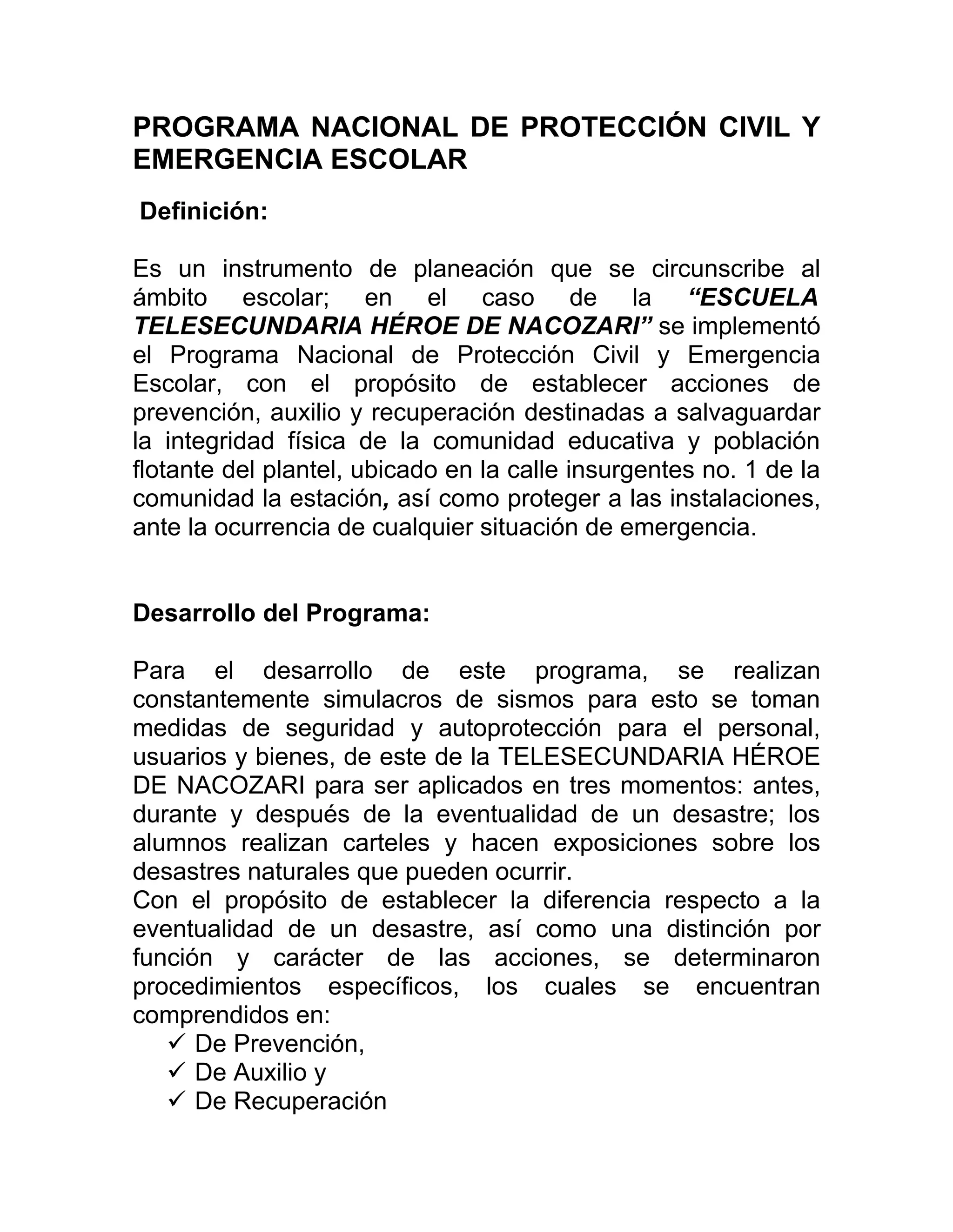Programa nacional de protección civil y emergencia escolar | PDF