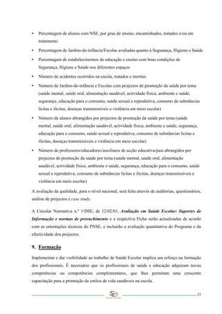∙   Percentagem de alunos com NSE, por grau de ensino, encaminhados, tratados e/ou em
    tratamento

∙   Percentagem de Jardins-de-infância/Escolas avaliadas quanto à Segurança, Higiene e Saúde

∙   Percentagem de estabelecimentos de educação e ensino com boas condições de
    Segurança, Higiene e Saúde nos diferentes espaços

∙   Número de acidentes ocorridos na escola, tratados e mortais

∙   Número de Jardins-de-infância e Escolas com projectos de promoção da saúde por tema
    (saúde mental, saúde oral, alimentação saudável, actividade física, ambiente e saúde,
    segurança, educação para o consumo, saúde sexual e reprodutiva, consumo de substâncias
    lícitas e ilícitas, doenças transmissíveis e violência em meio escolar)

∙   Número de alunos abrangidos por projectos de promoção da saúde por tema (saúde
    mental, saúde oral, alimentação saudável, actividade física, ambiente e saúde, segurança,
    educação para o consumo, saúde sexual e reprodutiva, consumo de substâncias lícitas e
    ilícitas, doenças transmissíveis e violência em meio escolar)

∙   Número de professores/educadores/auxiliares de acção educativa/pais abrangidos por
    projectos de promoção da saúde por tema (saúde mental, saúde oral, alimentação
    saudável, actividade física, ambiente e saúde, segurança, educação para o consumo, saúde
    sexual e reprodutiva, consumo de substâncias lícitas e ilícitas, doenças transmissíveis e
    violência em meio escolar)

A avaliação da qualidade, para o nível nacional, será feita através de auditorias, questionários,
análise de projectos e case study.

A Circular Normativa n.º 1/DSE, de 12/02/01, Avaliação em Saúde Escolar: Suportes de
Informação e normas de preenchimento e a respectiva Ficha serão actualizadas de acordo
com as orientações técnicas do PNSE, e incluirão a avaliação quantitativa do Programa e da
efectividade dos projectos.

9. Formação

Implementar e dar visibilidade ao trabalho de Saúde Escolar implica um reforço na formação
dos profissionais. É necessário que os profissionais de saúde e educação adquiram novas
competências ou competências complementares, que lhes permitam uma crescente
capacitação para a promoção de estilos de vida saudáveis na escola.

                                                                                                21
 