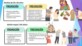 Adultos de 20 a 64 años:
PROMOCIÓN
Prácticas saludables,
actividad física y buen
trato.
Reducción del estigma y
exclusión social.
Atención preventiva en
depresión, consumo de
sustancias, trastornos
alimentarios y violencia.
Detección de deterioro
cognitivo, estrés, ansiedad, y
prevención de suicidio.
PREVENCIÓN
Adulto mayor (>65 años):
PROMOCIÓN
Fomentar el buen trato,
envejecimiento activo y
salud sexual.
Creación de espacios
recreativos y grupos de
apoyo.
Identificación de factores de
riesgo de deterioro funcional
y cognitivo.
Prevención de intentos de
suicidio.
PREVENCIÓN
 