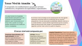 Tercer Nivel de Atención
Corresponde a los establecimientos que prestan servicios
ambulatorios y hospitalarios de especialidad y especializados.
En el tercer nivel, el trabajo es de compensación de crisis agudas
solamente, buscando evitar la cronificación de los usuarios
psiquiátricos. Una vez alcanzada la estabilidad, deberán retornar a
su núcleo familiar o social, donde se garantizará que los usuarios
dados de alta de este nivel, tengan su acompañamiento en el
segundo o primer nivel, como su cuadro lo requiera.
En salud mental, los hospitales
especializados (psiquiátricos) y los
hospitales de especialidades
deberán cubrir la demanda en el
tercer nivel, cuando no se haya
podido resolverla en los niveles de
menor complejidad.
Hospitales Especializados y de
Especialidades: Brindan
atención especializada para
casos complejos que no pueden
ser tratados en niveles
inferiores del sistema de salud.
(CETAD): Ofrecen
tratamiento intensivo y
programas de rehabilitación
a largo plazo para
individuos con problemas
de adicción severa.
Hospital Psiquiátrico: Proporciona atención
especializada para trastornos mentales graves y
crónicos. Se considera una medida transicional,
enfocada en la atención de casos agudos con
internamiento de corto a mediano plazo, y debe
implementar estrategias para la reinserción
familiar y social, evitando el abandono de los
usuarios en la institución.
El tercer nivel está compuesto por:
 