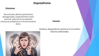 Causas
Síntomas
Esquizofrenia
Alucinaciones, delirios, pensamiento
desorganizado, comportamiento motor
anormal, reducción en la expresión
emocional, problemas en el funcionamiento
diario.
Genética, desequilibrios químicos en el cerebro,
factores ambientales.
 