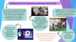 Influencia de los trastornos mentales en la salud.
Es un estado de bienestar mental que
permite a las personas de confrontar
los momentos de estrés de la vida,
desarrollar todas sus habilidades,
poder aprender y trabajar
adecuadamente y contribuir a la
mejora de su comunidad.
El Ministerio de Salud Pública
(MSP) atiende casos de depresión
de acuerdo a su gravedad en
servicios de salud mental de los
tres niveles de atención.
El primer nivel
cuenta con
servicios
ambulatorios y
ambulatorios
intensivos.
Segundo nivel con
unidades de salud
mental hospitalarias y
Centros Especializados
como el Centro
ambulatorio
especializado en salud
mental “San Lázaro”.
Tercer nivel con el
Hospital
Especializado
“Julio Endara”
10 de octubre: Día Mundial de la
Salud Mental: Mayor inversión -
Mayor acceso, para todos y
todas en todas partes.
 