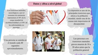 Datos y cifras a nivel global
Los trastornos mentales,
neurológicos y por el
consumo de sustancias
representan el 10% de la
carga mundial de
morbimortalidad y el 30% de
las enfermedades no
mortales.
La depresión es uno de los
principales trastornos que
afecta a la población
mundial, siendo una de las
causas más importantes de
discapacidad.
Una persona se suicida en
el mundo cada 40
segundos
aproximadamente.
Las personas con
trastornos mentales
graves mueren de 10 a
20 años antes que la
población general
 