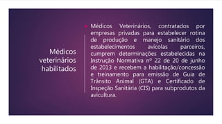 Médicos
veterinários
habilitados
 Médicos Veterinários, contratados por
empresas privadas para estabelecer rotina
de produção e manejo sanitário dos
estabelecimentos avícolas parceiros,
cumprem determinações estabelecidas na
Instrução Normativa nº 22 de 20 de junho
de 2013 e recebem a habilitação/concessão
e treinamento para emissão de Guia de
Trânsito Animal (GTA) e Certificado de
Inspeção Sanitária (CIS) para subprodutos da
avicultura.
 