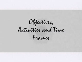 Objectives,
Activities and Time
Frames
 