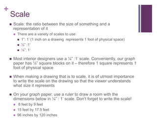 +
 Scale: the ratio between the size of something and a
representation of it
 There are a variety of scales to use:
 1”: 1’ (1 inch on a drawing represents 1 foot of physical space)
 ½” :1’
 ¼”: 1’
 Most interior designers use a ¼” :1’ scale. Conveniently, our graph
paper has ¼” square blocks on it – therefore 1 square represents 1
foot of physical space
 When making a drawing that is to scale, it is of utmost importance
to write the scale on the drawing so that the viewer understands
what size it represents
 On your graph paper, use a ruler to draw a room with the
dimensions below in ¼” : 1’ scale. Don’t forget to write the scale!
 8 feet by 9 feet
 15 feet by 17.5 feet
 96 inches by 120 inches
Scale
 