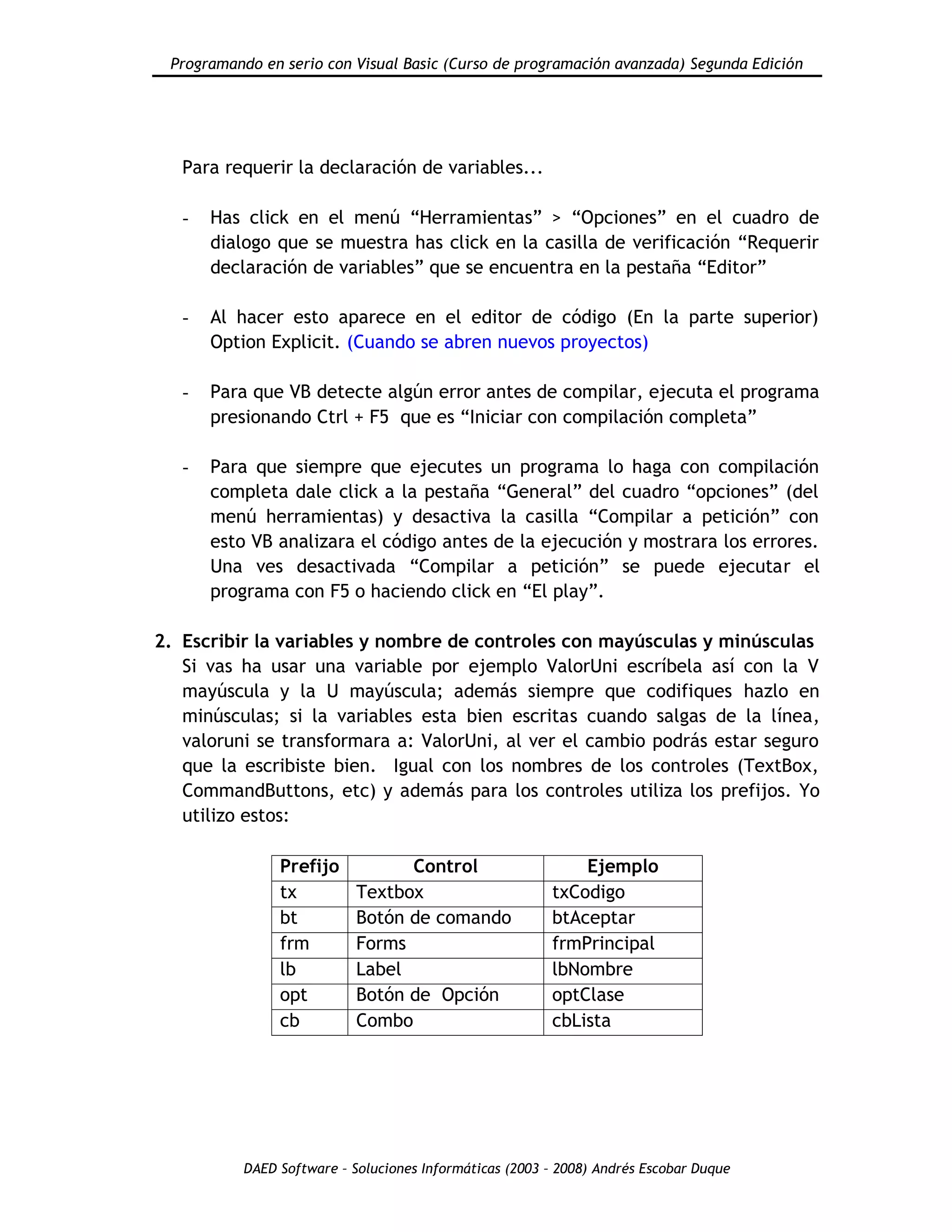 Programando en serio con Visual Basic (Curso de programación avanzada) Segunda Edición
DAED Software – Soluciones Informáticas (2003 – 2008) Andrés Escobar Duque
Para requerir la declaración de variables...
- Has click en el menú “Herramientas” > “Opciones” en el cuadro de
dialogo que se muestra has click en la casilla de verificación “Requerir
declaración de variables” que se encuentra en la pestaña “Editor”
- Al hacer esto aparece en el editor de código (En la parte superior)
Option Explicit. (Cuando se abren nuevos proyectos)
- Para que VB detecte algún error antes de compilar, ejecuta el programa
presionando Ctrl + F5 que es “Iniciar con compilación completa”
- Para que siempre que ejecutes un programa lo haga con compilación
completa dale click a la pestaña “General” del cuadro “opciones” (del
menú herramientas) y desactiva la casilla “Compilar a petición” con
esto VB analizara el código antes de la ejecución y mostrara los errores.
Una ves desactivada “Compilar a petición” se puede ejecutar el
programa con F5 o haciendo click en “El play”.
2. Escribir la variables y nombre de controles con mayúsculas y minúsculas
Si vas ha usar una variable por ejemplo ValorUni escríbela así con la V
mayúscula y la U mayúscula; además siempre que codifiques hazlo en
minúsculas; si la variables esta bien escritas cuando salgas de la línea,
valoruni se transformara a: ValorUni, al ver el cambio podrás estar seguro
que la escribiste bien. Igual con los nombres de los controles (TextBox,
CommandButtons, etc) y además para los controles utiliza los prefijos. Yo
utilizo estos:
Prefijo Control Ejemplo
tx Textbox txCodigo
bt Botón de comando btAceptar
frm Forms frmPrincipal
lb Label lbNombre
opt Botón de Opción optClase
cb Combo cbLista
 