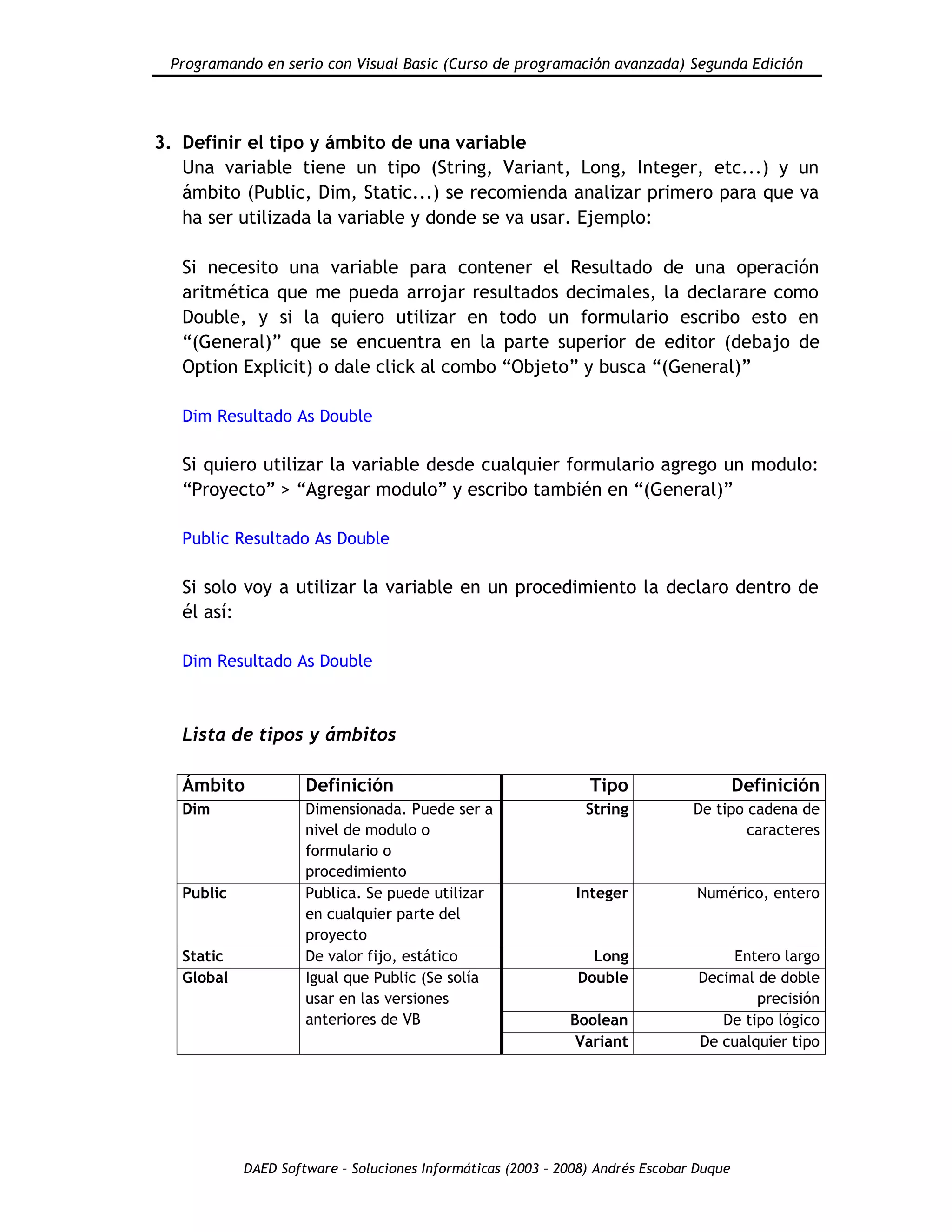 Programando en serio con Visual Basic (Curso de programación avanzada) Segunda Edición
DAED Software – Soluciones Informáticas (2003 – 2008) Andrés Escobar Duque
3. Definir el tipo y ámbito de una variable
Una variable tiene un tipo (String, Variant, Long, Integer, etc...) y un
ámbito (Public, Dim, Static...) se recomienda analizar primero para que va
ha ser utilizada la variable y donde se va usar. Ejemplo:
Si necesito una variable para contener el Resultado de una operación
aritmética que me pueda arrojar resultados decimales, la declarare como
Double, y si la quiero utilizar en todo un formulario escribo esto en
“(General)” que se encuentra en la parte superior de editor (debajo de
Option Explicit) o dale click al combo “Objeto” y busca “(General)”
Dim Resultado As Double
Si quiero utilizar la variable desde cualquier formulario agrego un modulo:
“Proyecto” > “Agregar modulo” y escribo también en “(General)”
Public Resultado As Double
Si solo voy a utilizar la variable en un procedimiento la declaro dentro de
él así:
Dim Resultado As Double
Lista de tipos y ámbitos
Ámbito Definición Tipo Definición
Dim Dimensionada. Puede ser a
nivel de modulo o
formulario o
procedimiento
String De tipo cadena de
caracteres
Public Publica. Se puede utilizar
en cualquier parte del
proyecto
Integer Numérico, entero
Static De valor fijo, estático Long Entero largo
Global Igual que Public (Se solía
usar en las versiones
anteriores de VB
Double Decimal de doble
precisión
Boolean De tipo lógico
Variant De cualquier tipo
 