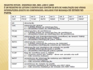 REGISTRO INTCON - ENDEREÇO 0BH, 8BH, L0BH E 18BH
É UM REGISTRO DE LEITURA E ESCRITA QUE CONTÉM OS BITS DE HABILITAÇÃO DAS VÁRIAS
INTERRUPÇÕES (EXCETO DO COMPARADOR), INCLUSIVE POR MUDANÇA DE ESTADO NO
PORTB.
 