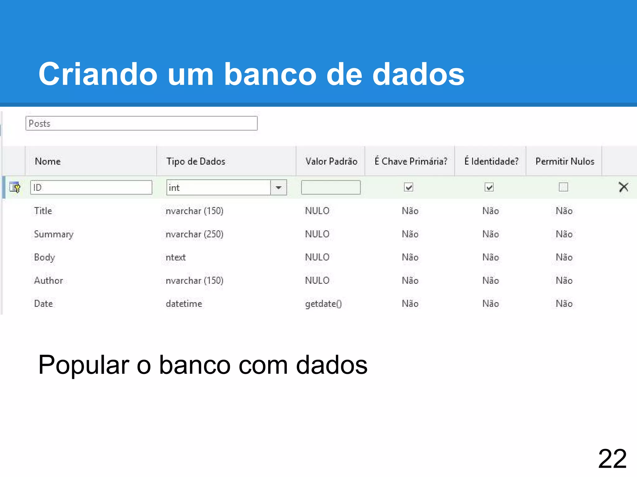 Criando um banco de dados
Popular o banco com dados
22
 