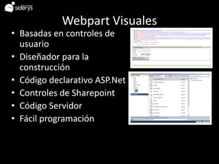 Webpart Visuales
• Basadas en controles de
  usuario
• Diseñador para la
  construcción
• Código declarativo ASP.Net
• Controles de Sharepoint
• Código Servidor
• Fácil programación
 