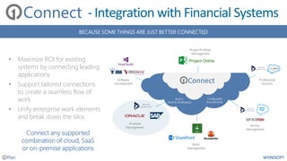 Software
Development
Project Portfolio
Management
Professional
Services
Financial
Management
Work
Management
Service
Management
Configurable
Business Rules
Built in
Alerts & Notifications
BECAUSE SOME THINGS ARE JUST BETTER CONNECTED
• Maximize ROI for existing
systems by connecting leading
applications
• Support tailored connections
to create a seamless flow of
work
• Unify enterprise work elements
and break down the silos
Connect
Connect
Connect any supported
combination of cloud, SaaS
or on-premise applications
- Integration with Financial Systems
 