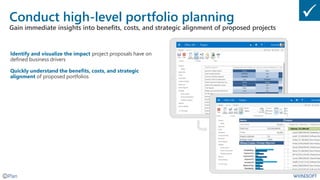 Conduct high-level portfolio planning
Gain immediate insights into benefits, costs, and strategic alignment of proposed projects
Identify and visualize the impact project proposals have on
defined business drivers
Quickly understand the benefits, costs, and strategic
alignment of proposed portfolios
 