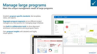 Manage large programs
Meet the unique management needs of large programs
Establish program-specific standards, like templates,
views, and reports
Segregate program segments across different project
managers as a best practice for managing large initiatives
Use built-in collaboration tools to drive alignment
and boost communications among program teams
Gain program insights with detailed and highly
visual reports
 
