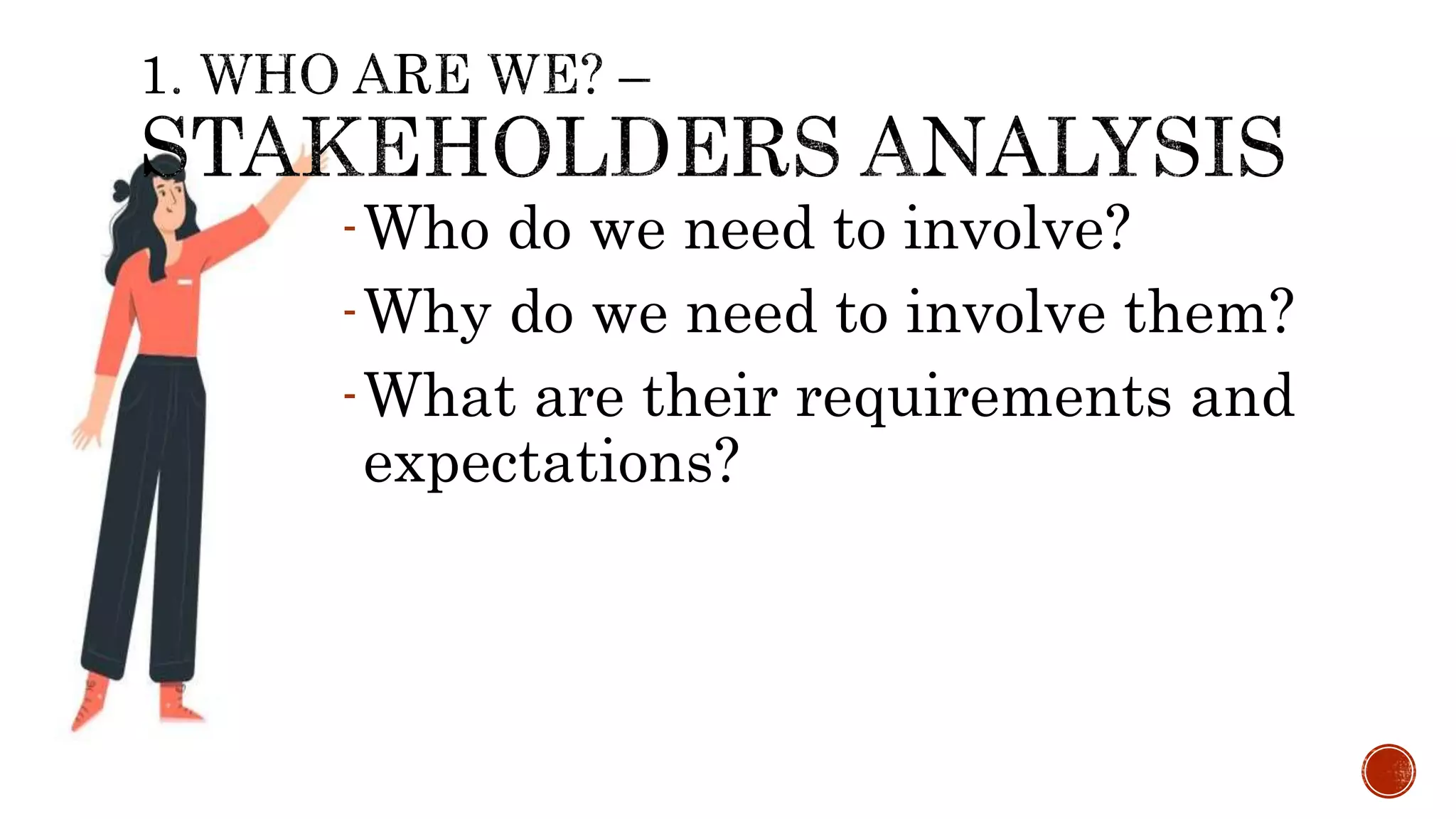 -Who do we need to involve?
-Why do we need to involve them?
-What are their requirements and
expectations?
 