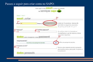5º Passos a seguir para criar conta no SAPO: 2º   1º 3º 4º 6º 