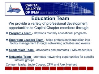 Education TeamWe provide a variety of professional development opportunities to Capital Chapter members through: Programs Team - develops monthly educational programsEmerging Leaders Team - helps professionals transition into     facility management through networking activities and events  Credentials Team - advocates and promotes IFMA credentialsNetworks Team - promotes networking opportunities for specific 	interest groupsCo-team leads:  Judie Cooper, CFM and Alex Neyhart