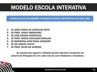 SECRETARIA DA EDUCAÇÃO Slide
17
MODELO ESCOLA INTERATIVA
ESCOLAS QUE RECEBERÃO O MODELO ESCOLA INTERATIVA NA DER-LINS
1. EE JOÃO PEDRO DE CARVALHO NETO
2. EE PROF. JORGE AMERICANO
3. EE JOSÉ ARIANO RODRIGUES
4. EE PROF. MIÉCIO CAVALEIRO BONILHA
5. EE MINERVINA SANT’ANNA CARNEIRO
6. EE DR. MIGUEL COUTO
7. EE PROF. SILVIO DE ALMEIDA
As escolas que seguem o Modelo Escola Interativa receberão um
sistema de Projeção fixo em cada sala de aula: Notebook e Datashow.
 