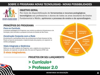 SECRETARIA DA EDUCAÇÃO
OBJETIVO GERAL
Por meio da disponibilização de ferramentas e recursos pedagógicos
tecnológicos aos professores e alunos de todos os anos escolares do Ensino
Fundamental e Médio, aprimorar o processo de ensino e de aprendizagem.
PRINCÍPIOS DO PROGRAMA
Foco no Currículo
A proposta pedagógica do Programa, que norteia as ações de infraestrutura e de
formação, está centrada na proposta curricular do Estado de São Paulo.
Construção Conjunta com a Rede
Envolvimento e participação direta dos profissionais da Rede Estadual de São
Paulo na fase de estruturação e implementação dos projetos, em especial, no
âmbito pedagógico.
Visão Integrada e Sistêmica
Refere-se ao olhar holístico do Programa, com o objetivo de concretizar as
soluções, em especial, na sala de aula. No caso do Programa NTNP, são
5 eixos integradores.
2.Infraestru-
tura de TI
3.Apoio e
Formação
aos
Professores
4.Mobiliza-
ção de
Rede
5.Aprendi-
zado em
Rede
1.Conteúdo
Digital
PROJETOS EM SEU LANÇAMENTO
> Currículo+
> Professor 2.0
SOBRE O PROGRAMA NOVAS TECNOLOGIAS - NOVAS POSSIBILIDADES
4
 