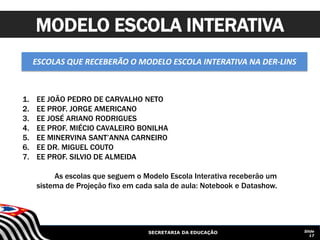 SECRETARIA DA EDUCAÇÃO Slide
17
MODELO ESCOLA INTERATIVA
ESCOLAS QUE RECEBERÃO O MODELO ESCOLA INTERATIVA NA DER-LINS
1. EE JOÃO PEDRO DE CARVALHO NETO
2. EE PROF. JORGE AMERICANO
3. EE JOSÉ ARIANO RODRIGUES
4. EE PROF. MIÉCIO CAVALEIRO BONILHA
5. EE MINERVINA SANT’ANNA CARNEIRO
6. EE DR. MIGUEL COUTO
7. EE PROF. SILVIO DE ALMEIDA
As escolas que seguem o Modelo Escola Interativa receberão um
sistema de Projeção fixo em cada sala de aula: Notebook e Datashow.
 