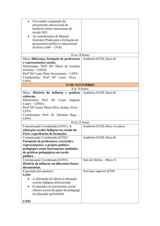 



Um estudo comparado do
pensamento educacional de
mulheres latino-americanas do
século XIX.
As contribuições de Manuel
Gonzalez Prada para a formação do
pensamento político e educacional
do Peru (1844 – 1918).

16 às 18 horas
Mesa: Diferença, formação de professores Auditório ICED, bloco B
e representações sociais.
Palestrantes: Profª Drª Maria de Lourdes
Ornellas – UNEB;
Profª Drª Ivany Pinto Nascimento – UFPA
Coordenação: Profª Drª Laura Alves –
UFPA.
21 DE NOVEMBRO
8 às 10 horas
Mesa: História da infância e práticas Auditório ICED, bloco B
culturais.
Palestrantes: Prof. Dr. Cesar Augusto
Castro – UFMA;
Profª Drª Laura Maria Silva Araújo Alves –
UFPA
Coordenação: Prof. Dr. Salomão Hage –
UFPA
10 às 12 horas
Comunicação Coordenada (GT01): A
Auditório ICED, bloco A (altos)
educação escolar indígena no estado do
Pará: experiências de formação.
Comunicação Coordenada (GT02):
Auditório ICED, bloco B
Formação de professores, currículo e
representações: o projeto políticopedagógico como instrumento mediador
de práticas pedagógicas na escola
pública.
Comunicação Coordenada (GT03):
Sala de Defesa – Bloco A
História da infância em diferentes fontes
documentais.
Exposição dos pôsteres:
Hall piso superior ICED
GT01
 A afirmação do direito à educação
escolar indígena diferenciada.
 O educador no movimento social:
olhares acerca do papel do pedagogo
na educação quilombola.
GT02

 