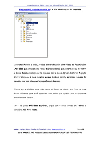 Curso Banco de dados com C# e o Visual Studio .NET 2005

      http://www.juliobattisti.com.br - A Sua Sala de Aula na Internet




Atenção: Durante o curso, se você estiver utilizando uma versão do Visual Studio

.NET 2005 que não seja uma versão Express entenda que sempre que eu me refirir

a janela Database Explorer no seu caso será a janela Server Explorer. A janela

Server Explorer é mais completa porque também permite gerenciar recursos do

servidor e só esta disponível em versões não Express.



Vamos agora adicionar uma nova tabela no banco de dados. Vou fazer de uma

forma diferente para você aprender, mas saiba que poderia usar o Diagrama

novamente se desejar.



19 – Na janela Database Explorer, clique com o botão direito em Tables e

selecione Add New Table.




Autor: Herbert Moroni Cavallari da Costa Gois – blog: www.moroni.com.br     Página 29

     ESTE MATERIAL NÃO PODE SER UTILIZADO EM SALA DE AULA E EM TREINAMENTOS
 